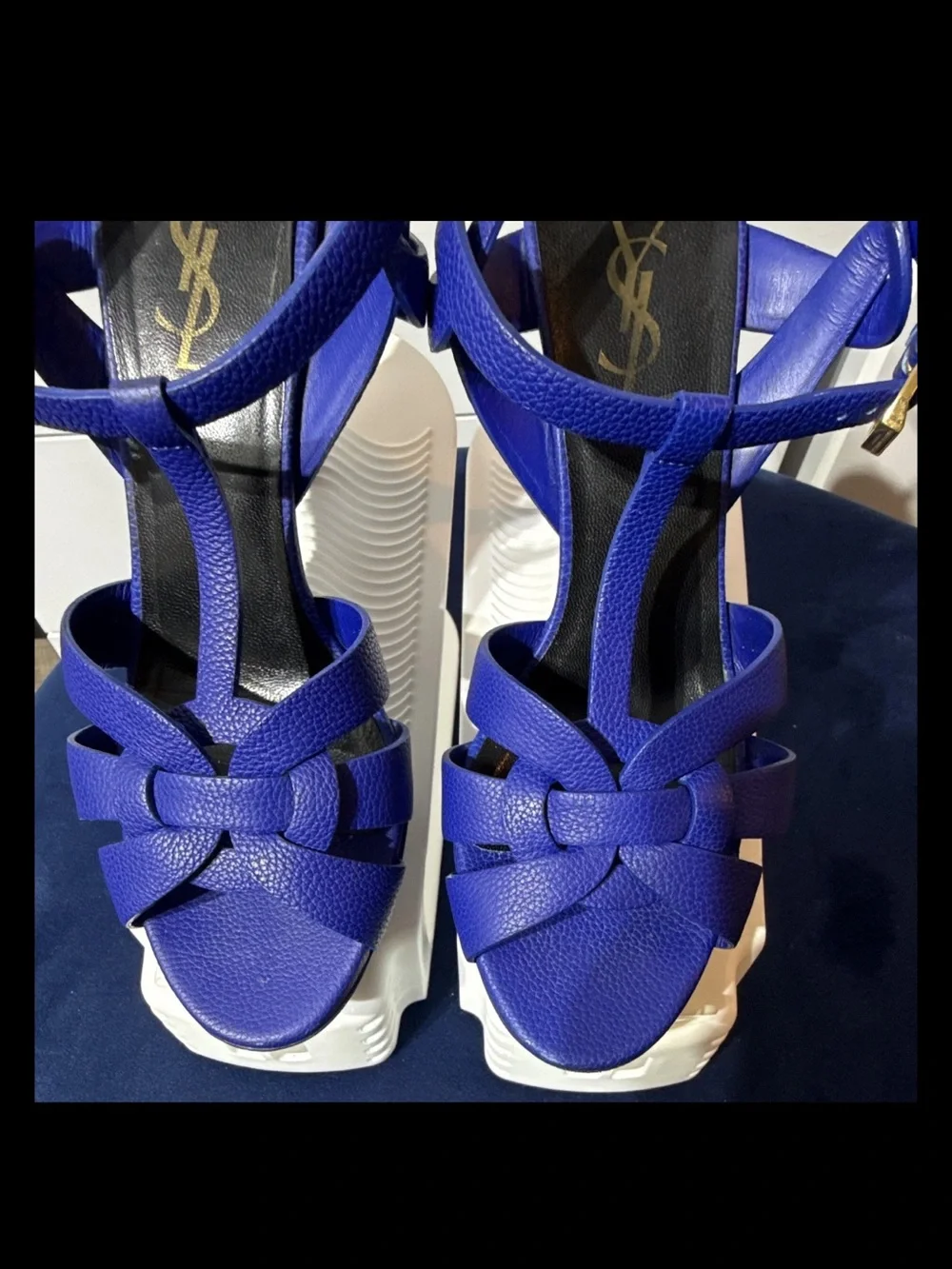 Yves Saint Laurent Tribute Cobalt Blue Leather Platform Sandals with White Sole